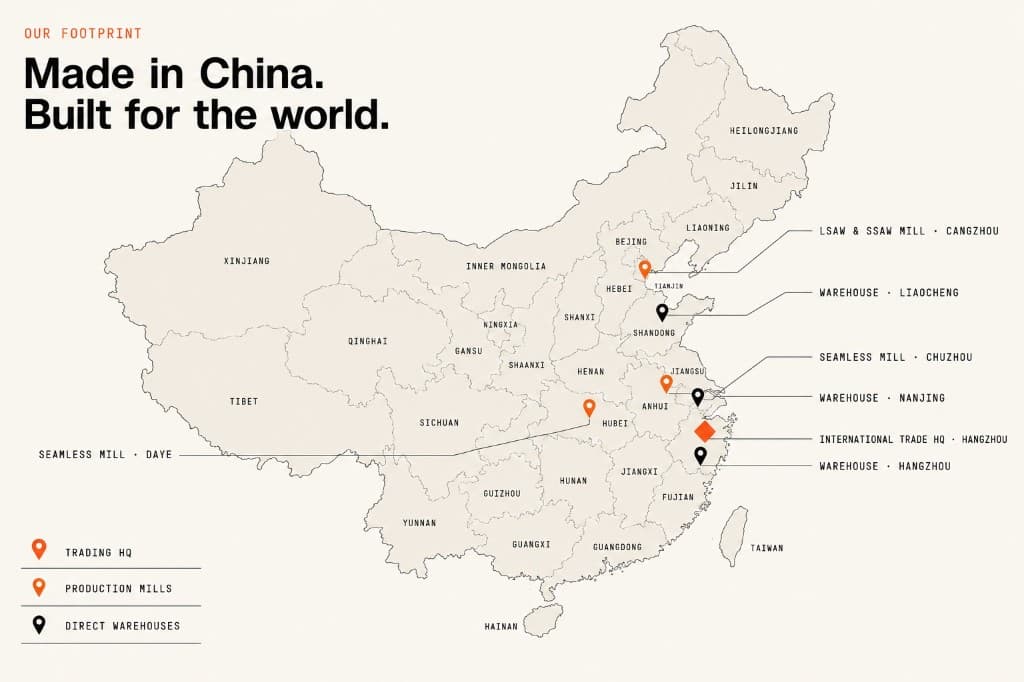 Map of JURUN facilities across China — trading HQ in Hangzhou, seamless mills in Chuzhou and Daye, LSAW & SSAW mill in Cangzhou, and warehouses in Hangzhou, Nanjing, and Liaocheng