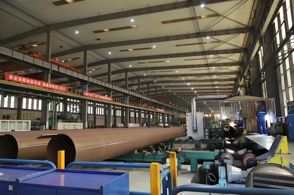 LSAW welding line — large-diameter pipe under submerged-arc welding inside the welded pipe plant