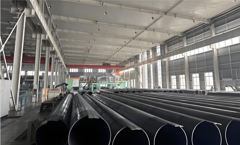 Finished large-diameter welded pipe staged in the production bay