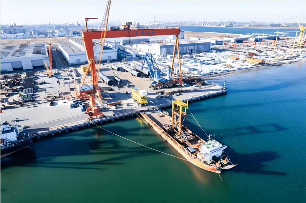 Aerial view of a port-side facility — gantry cranes loading large-diameter steel pipe onto a cargo ship at the quay