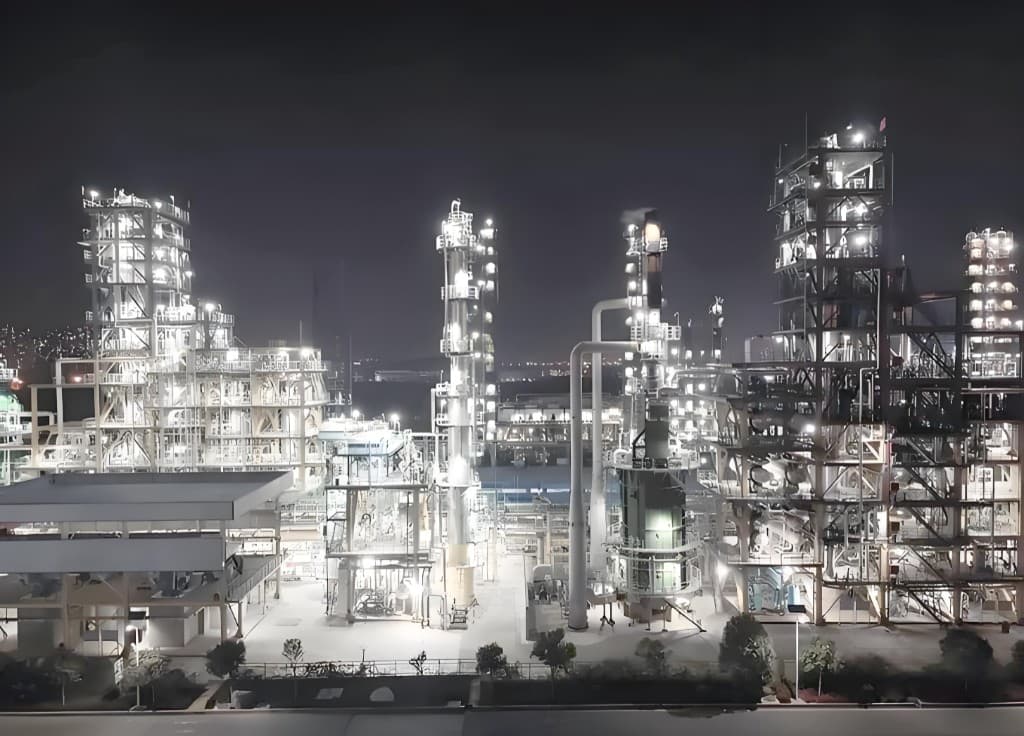 Illuminated petrochemical processing plant at night
