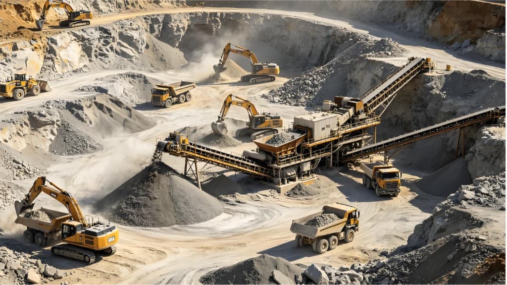 Open-pit mine with excavators, haul trucks, and crushing line