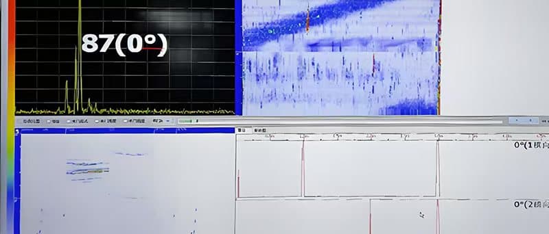 Inspection software displaying A-scan, B-scan, and C-scan views during pipe testing