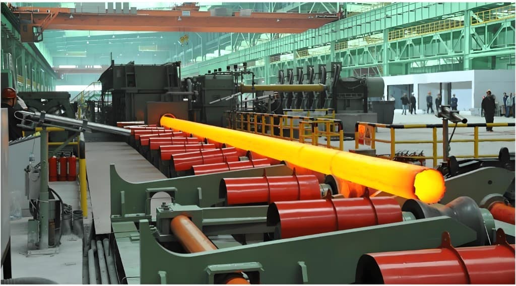 Glowing hot seamless steel pipe travelling along the rolling and cooling line