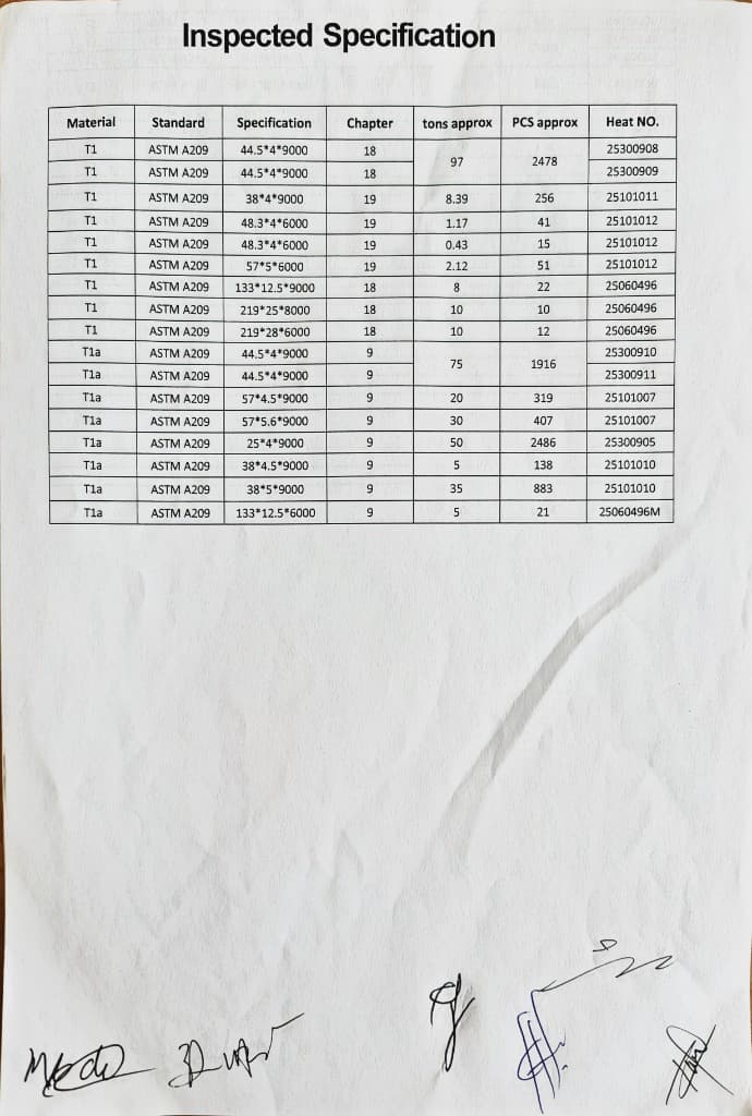 Inspected specification sheet — Americas thermal power plant