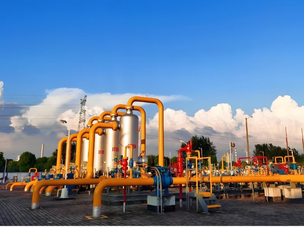 Natural gas processing station with yellow pipework and pressure vessels