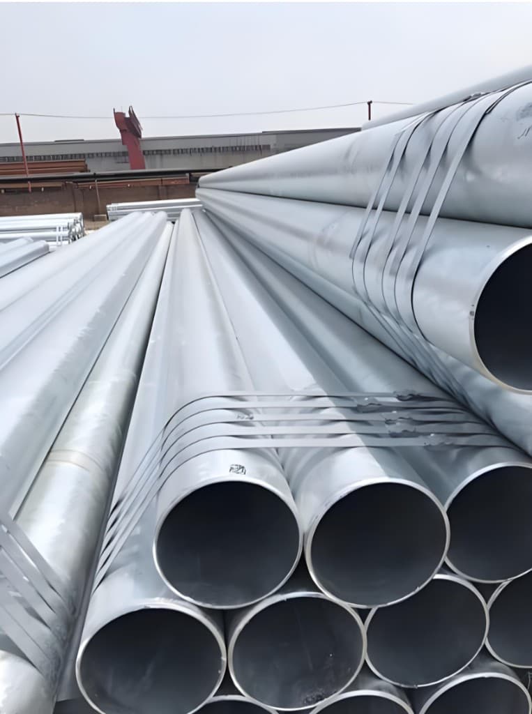 Stacked galvanized steel pipes with bright zinc-coated surface