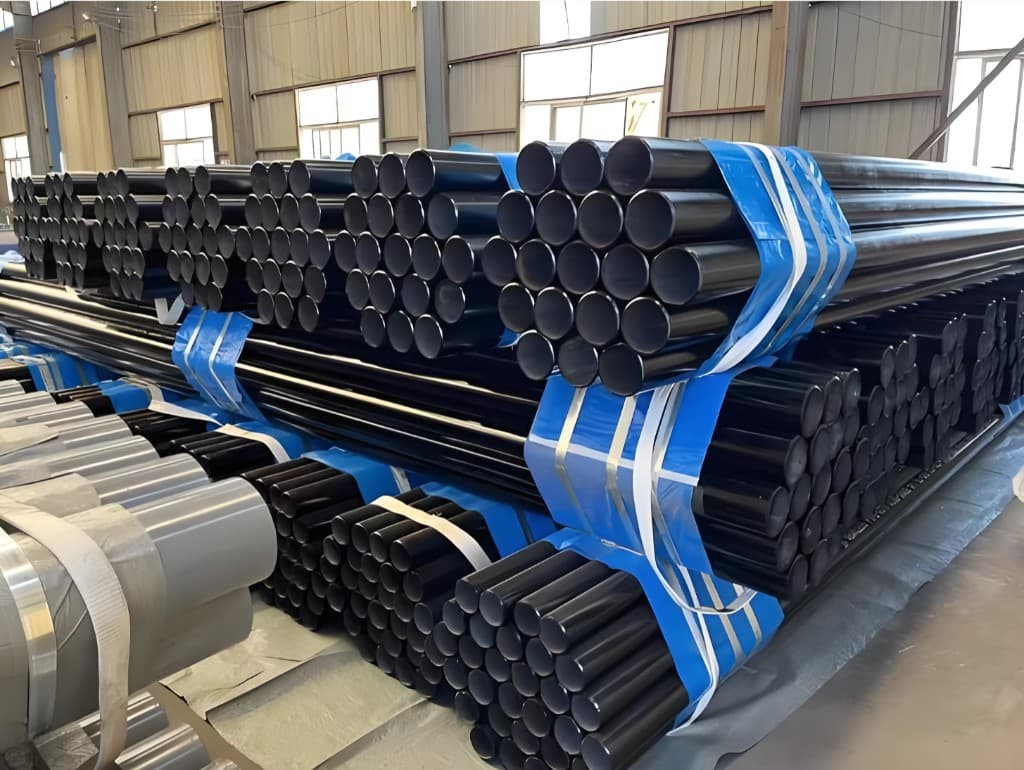Black surface-painted steel pipes bundled with protective end caps