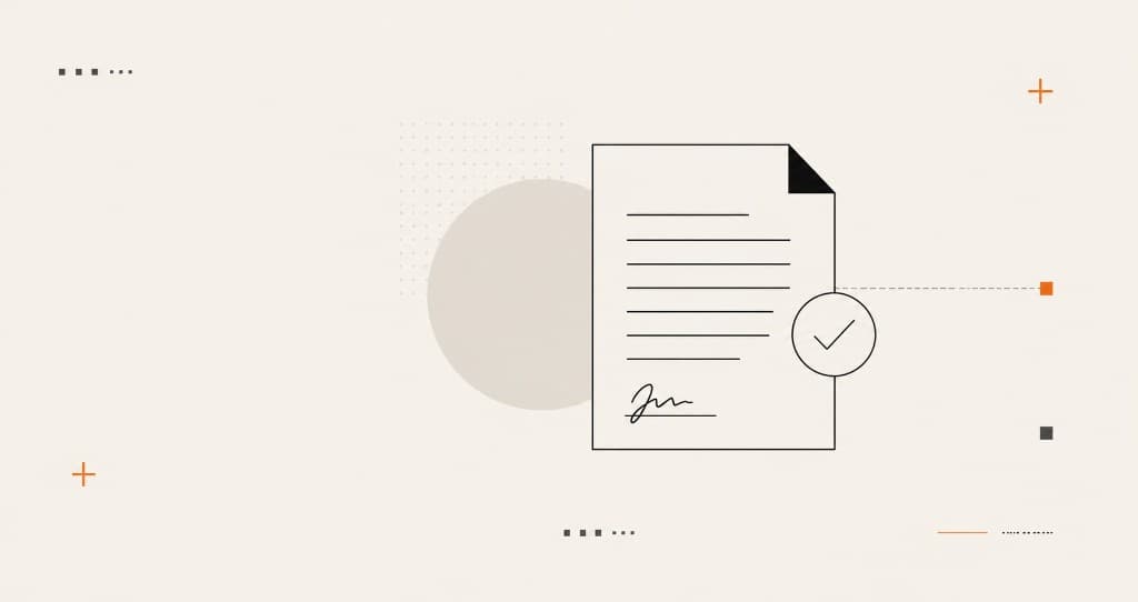 Line illustration of a signed document with a checkmark, representing terms of use
